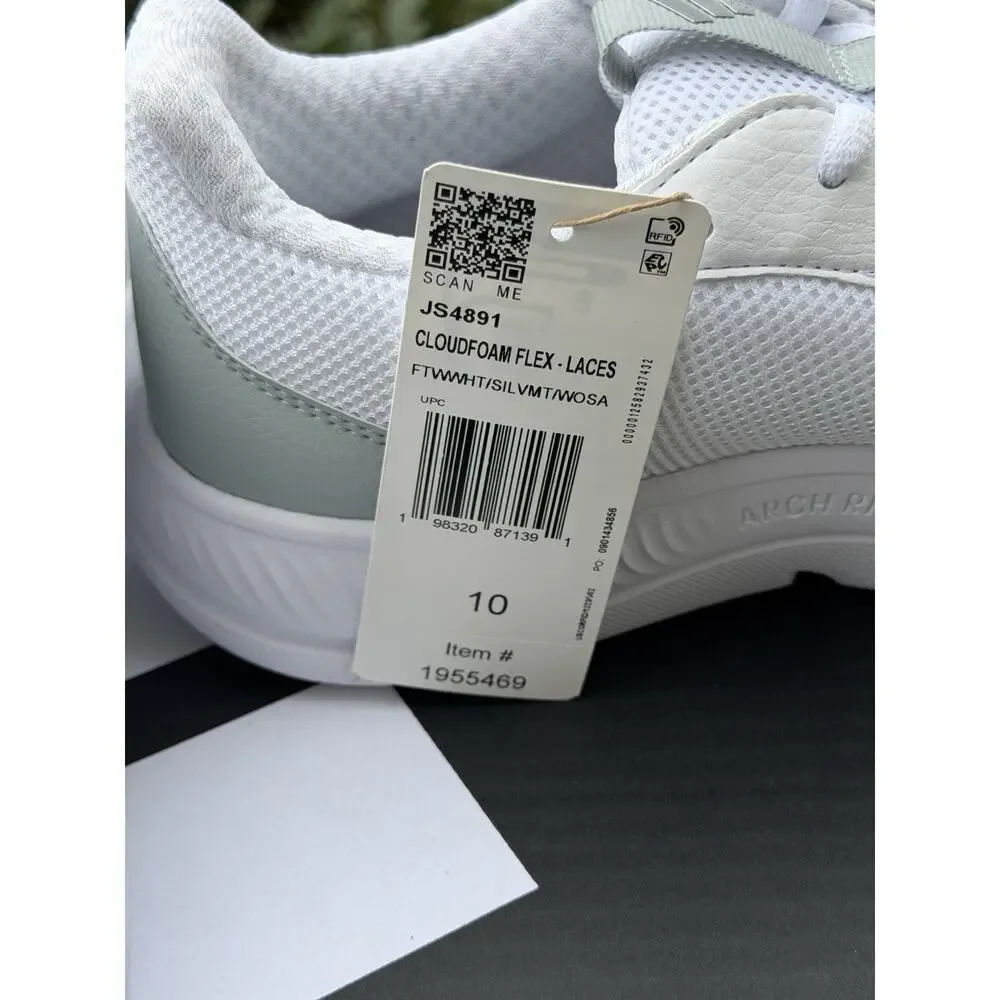ADIDAS Cloudfoam Flex Laces Shoes Sneaker Women's Sz 10 White Wide Fit Width NWT
